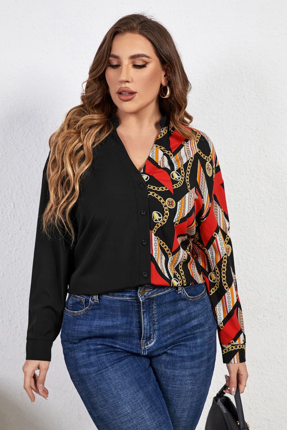 Melo Apparel Plus Size Contrast Color Notched Neck Shirt.