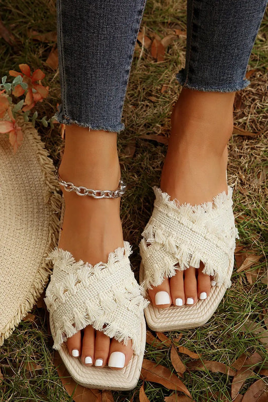 Vada Tassel Woven Cross Strap Flat Slippers - Love Salve 