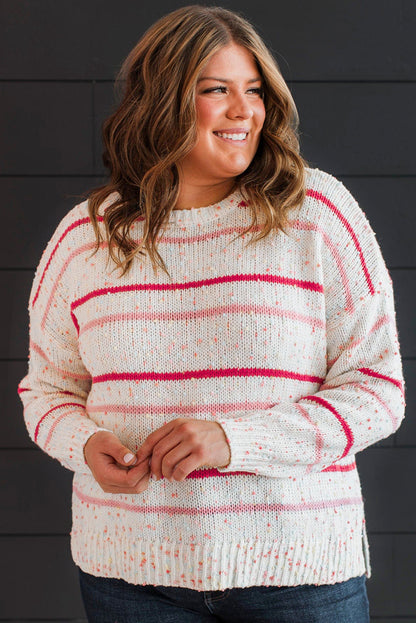 Chic pink stripe plus size drop shoulder sweater with side split