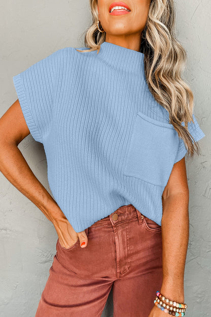 Beau Blue Ribbed Knit Short Sleeve Sweater with Pocket