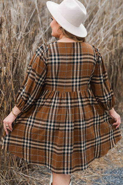 Chic brown plaid plus size babydoll dress with frilled sleeves