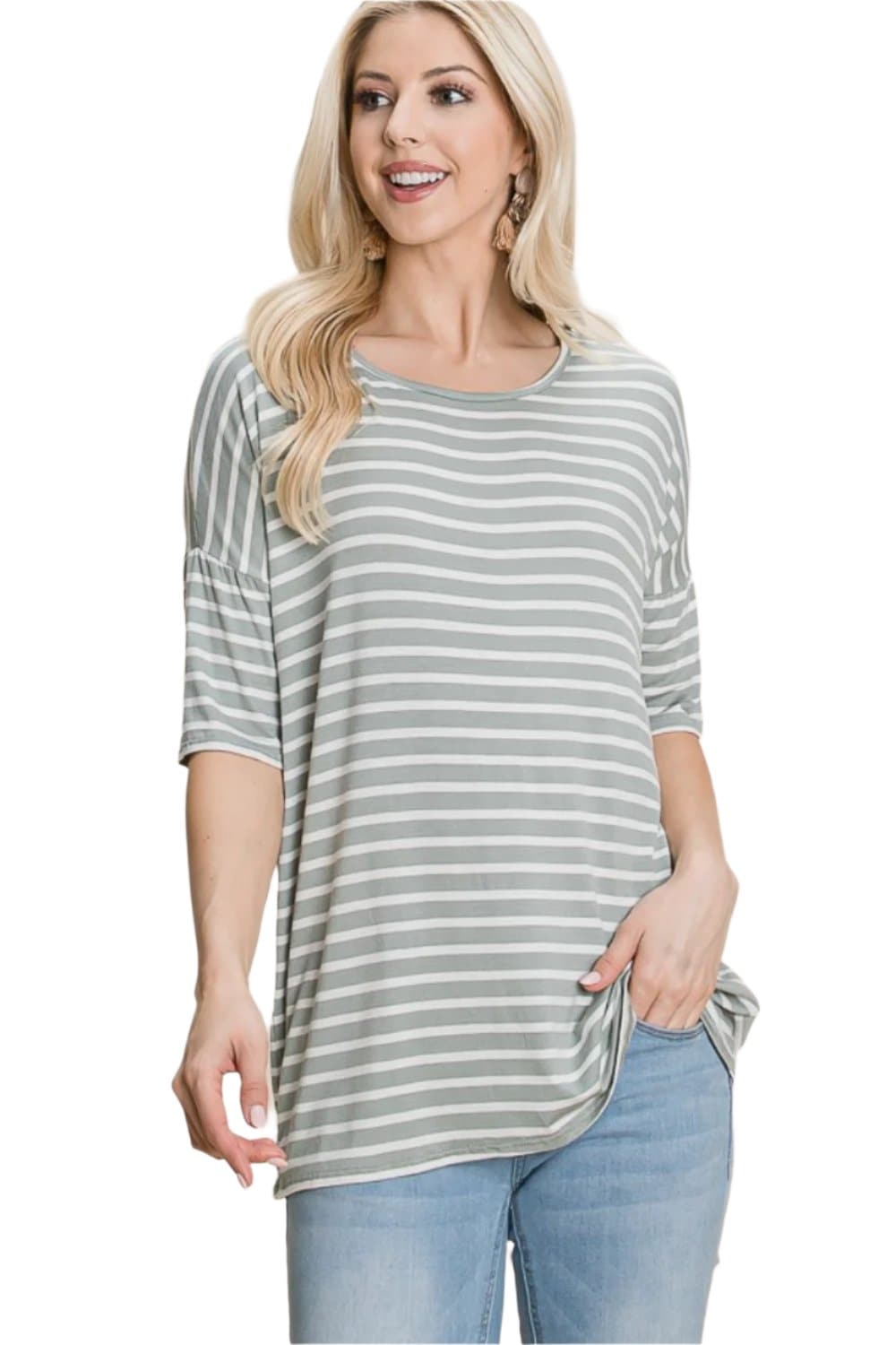 BOMBOM Striped Round Neck T-Shirt.