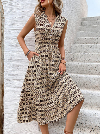 Printed Johnny Collar Midi Dress.