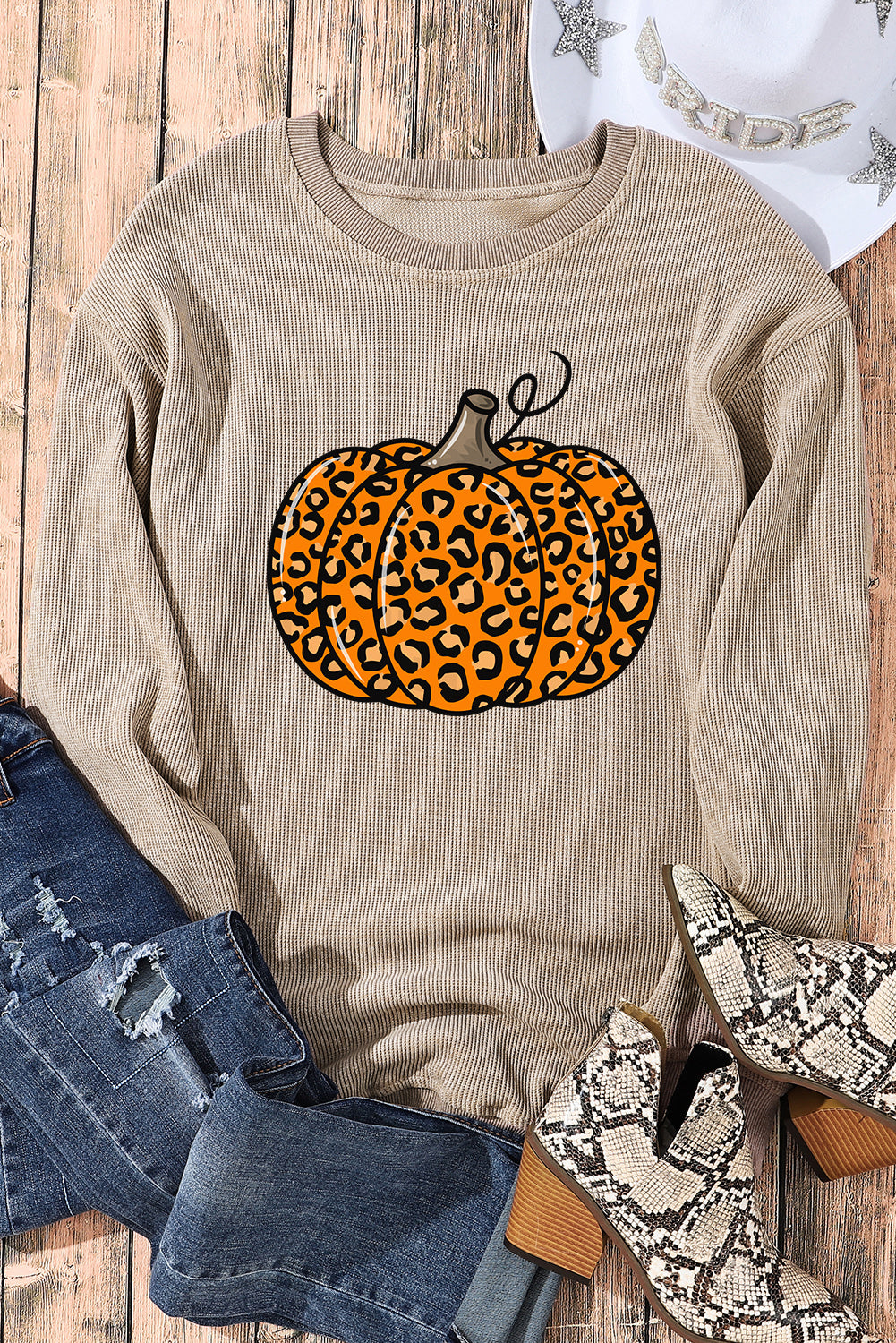 Khaki leopard pumpkin graphic corded sweatshirt for Halloween fun