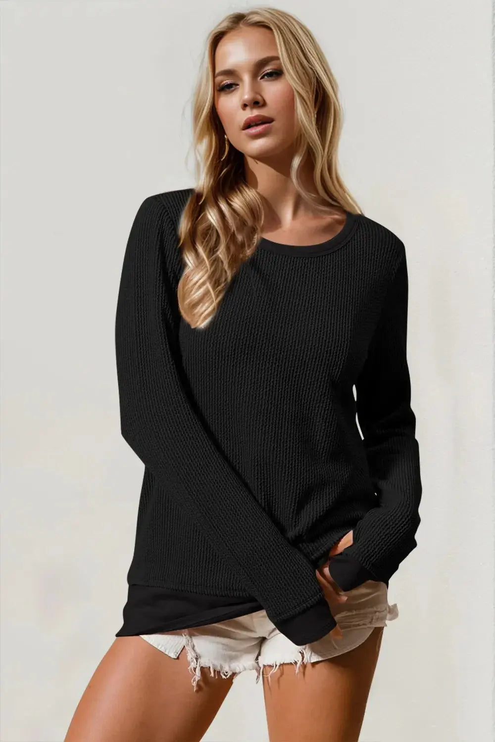 Double Take Corded Rib Thumbhole Cuff Round Neck T-Shirt - Love Salve