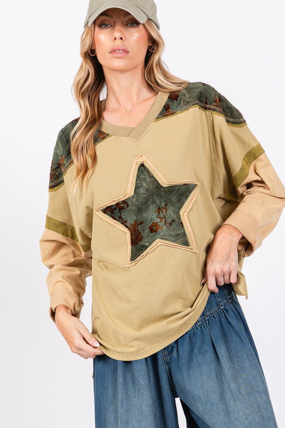 SAGE + FIG Star Patch Long Sleeve Color Block T-Shirt.