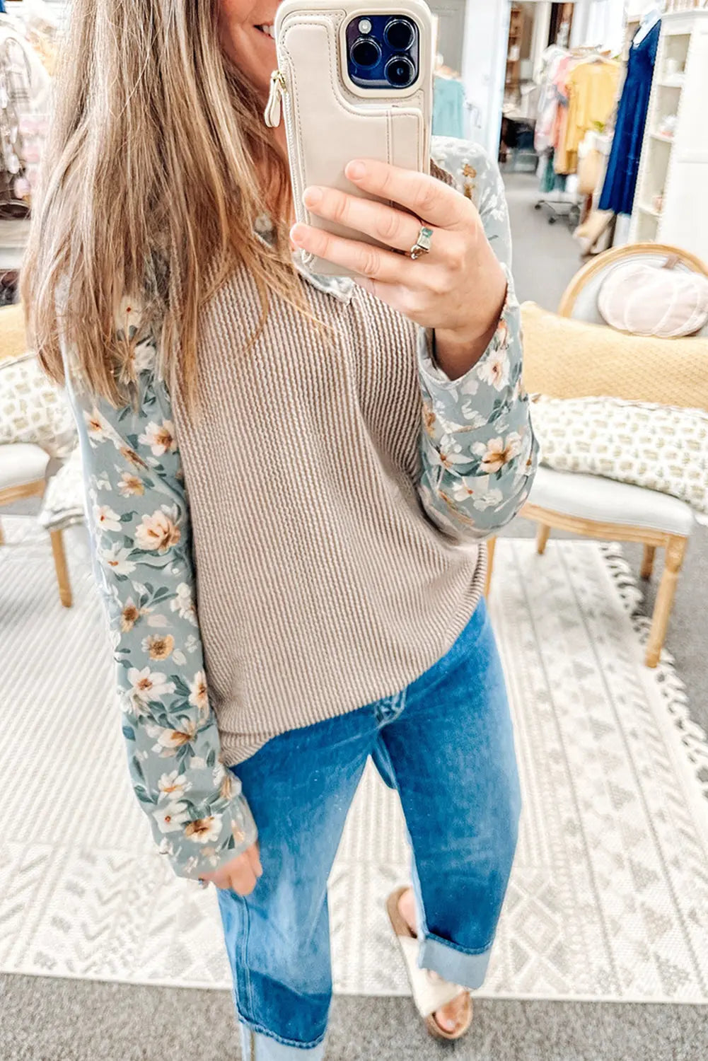Parchment Twist Ribbed Floral Contrast Patchwork Long Sleeve Top Dear-Lover Dropshipping