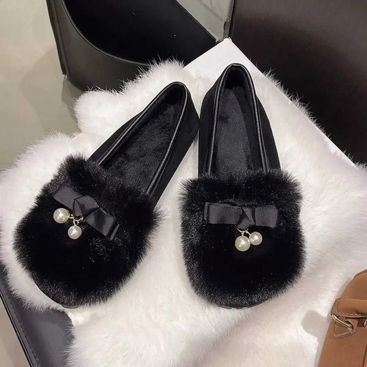 Fuzzy Pearl Bowknot Slip-Ons Simply Love