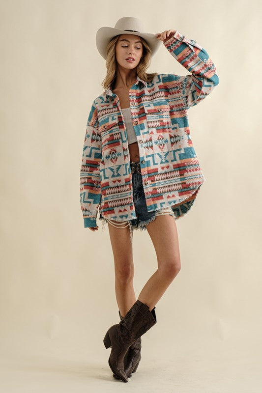 Boho Aztec Frayed Shacket