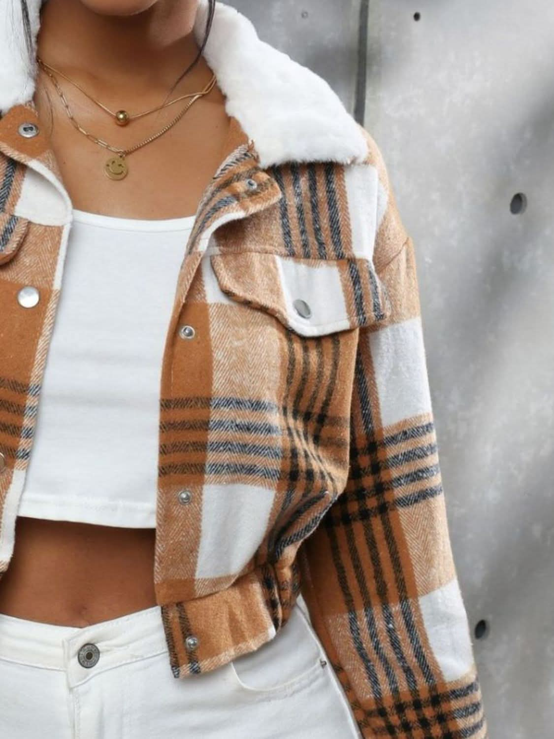 Plaid Snap Down Collared Neck Cropped Jacket