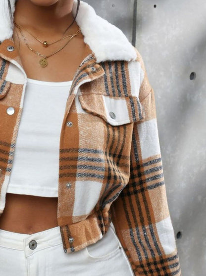 Plaid Snap Down Collared Neck Cropped Jacket