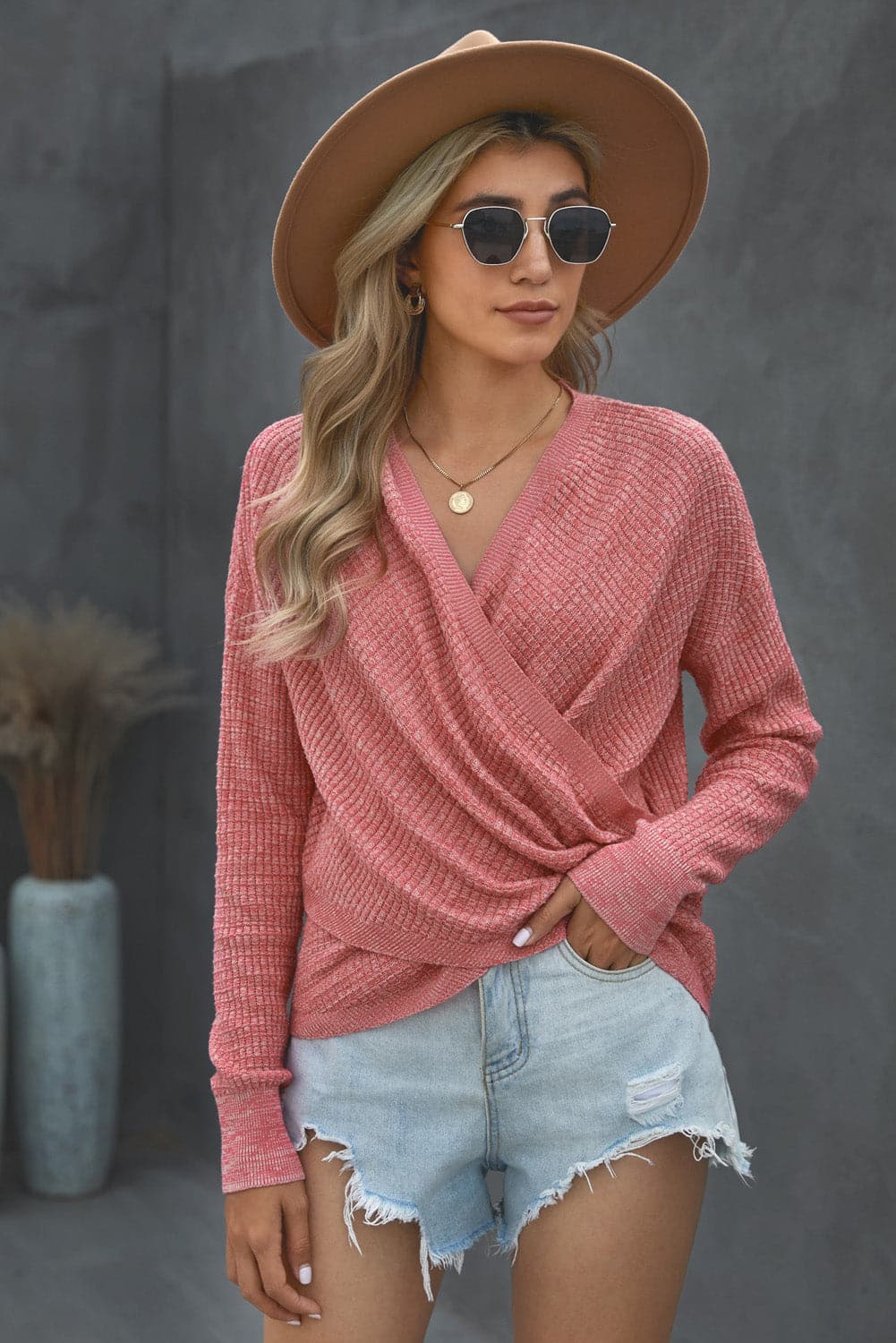 Double Take V Neck Wrap Front Knitted Top.