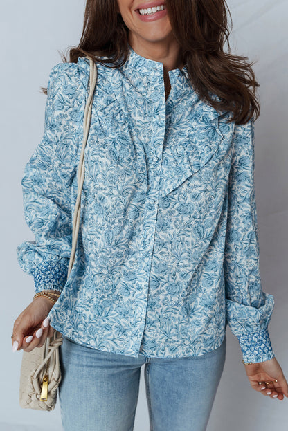 Premium Sky Blue All Over Floral Puff Sleeve Shirt For Women