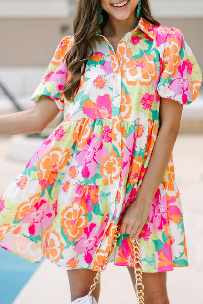 Charming pink floral puff sleeve babydoll dress with collar and buttons