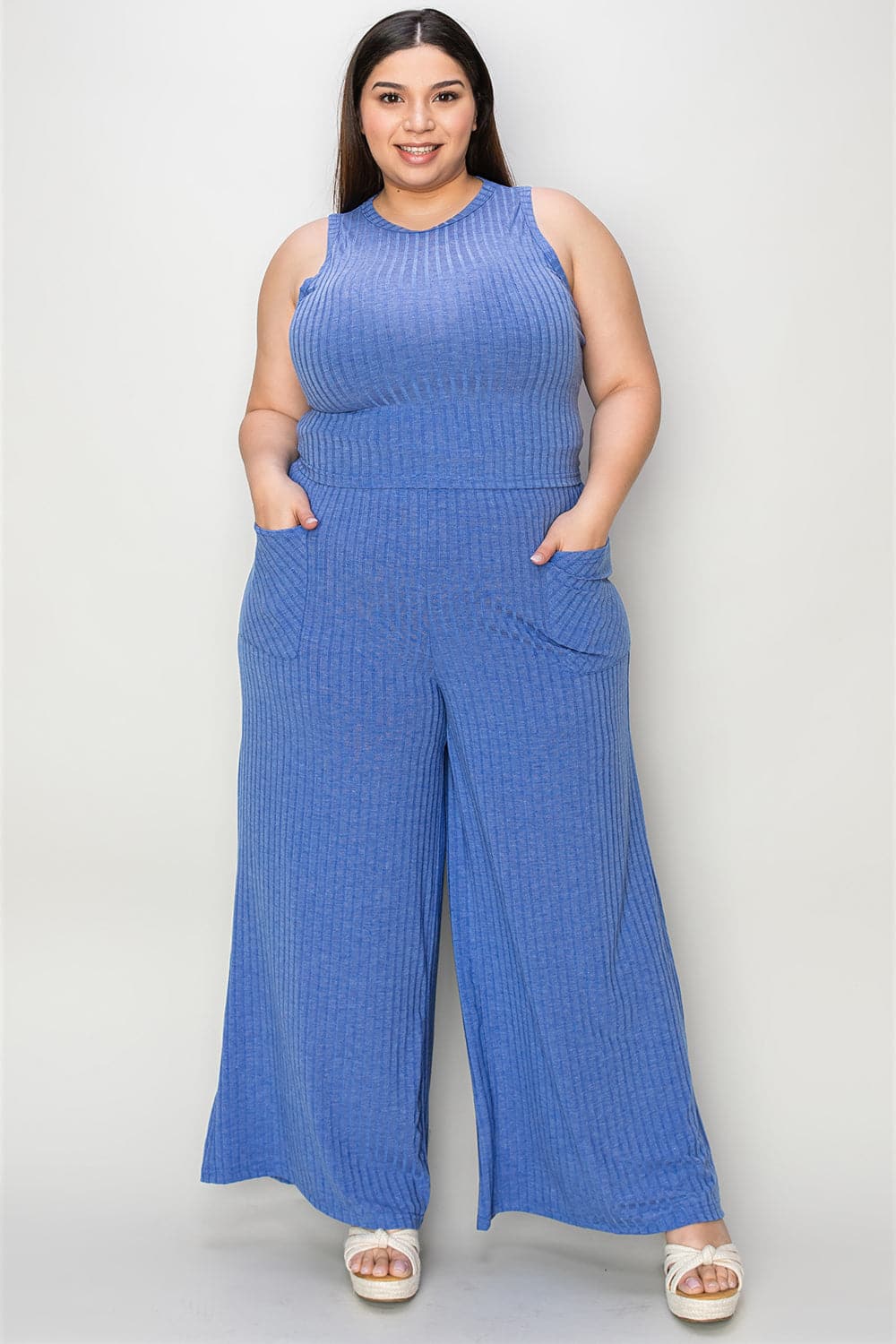 Basic Bae Full Size Ribbed Tank and Wide Leg Pants Set.