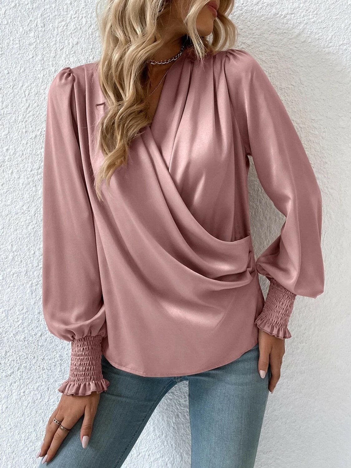 Surplice Smocked Lantern Sleeve Blouse.