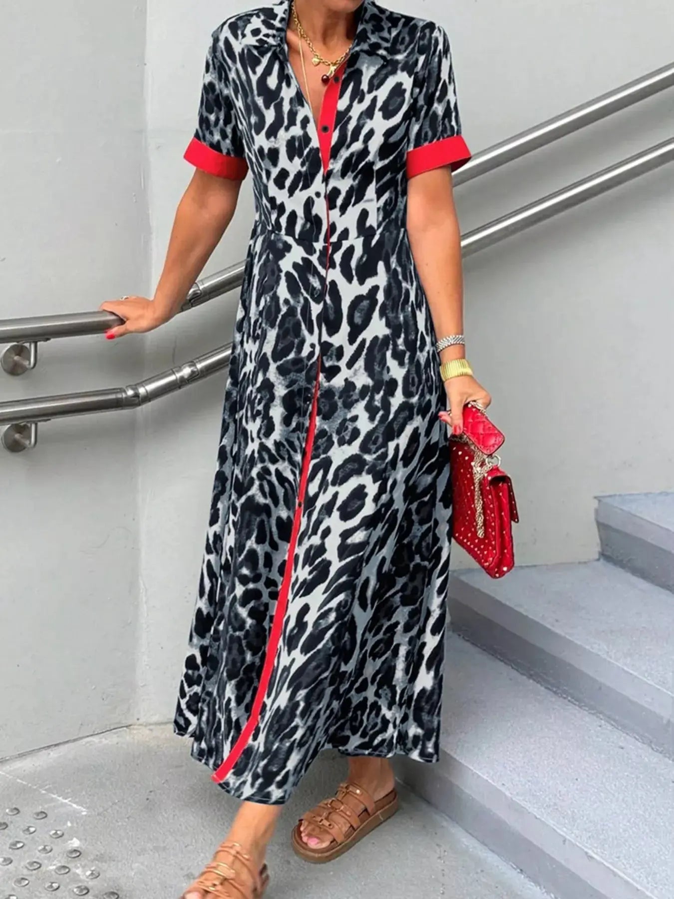 Leopard Print Button-Down Dress with Contrast Trim Simply Love