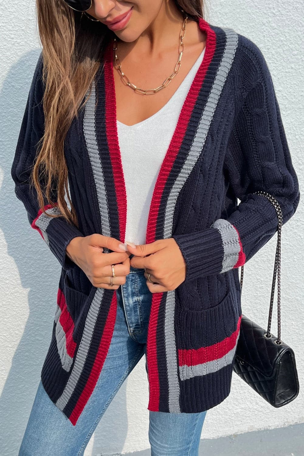 Open Front Striped Long Sleeve Cardigan.