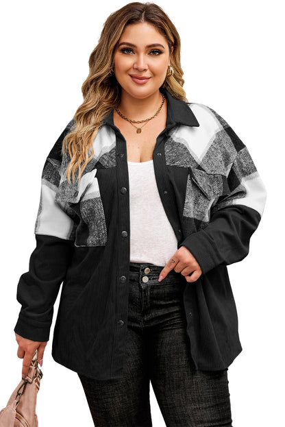 Chic black plaid patchwork corduroy shacket for plus sizes