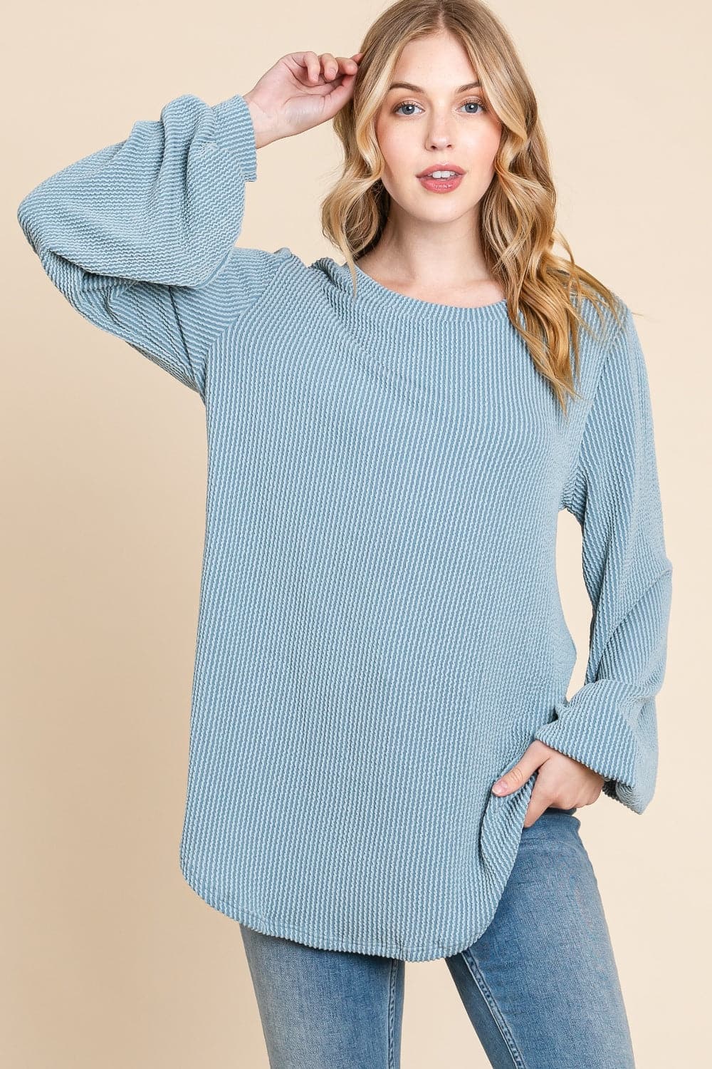 BOMBOM Long Sleeve Curved Hem Ribbed T-Shirt.