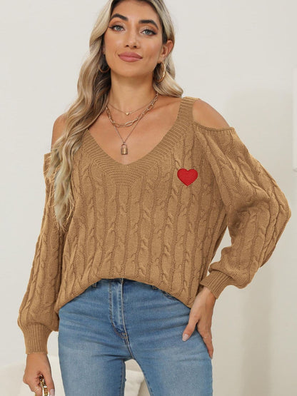 Cozy cable-knit heart v-neck sweater