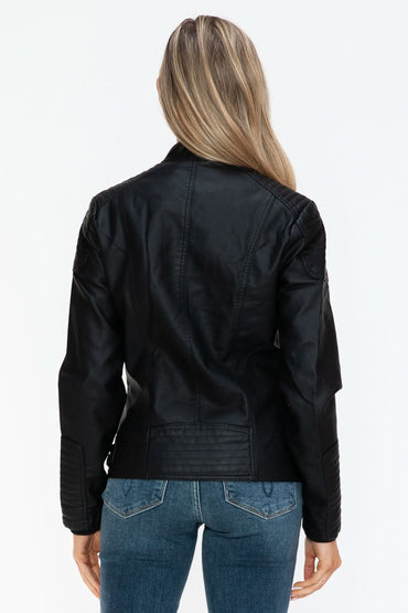 Snobbish Faux Leather Biker Jacket with Side Zip Pockets