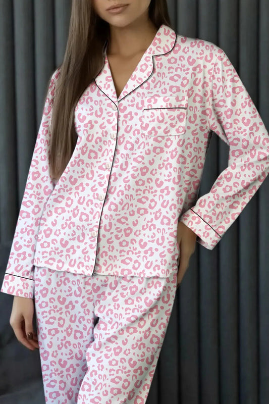 Leopard Print Button Up Top and Pants 2cps Pajama Set Simply Love