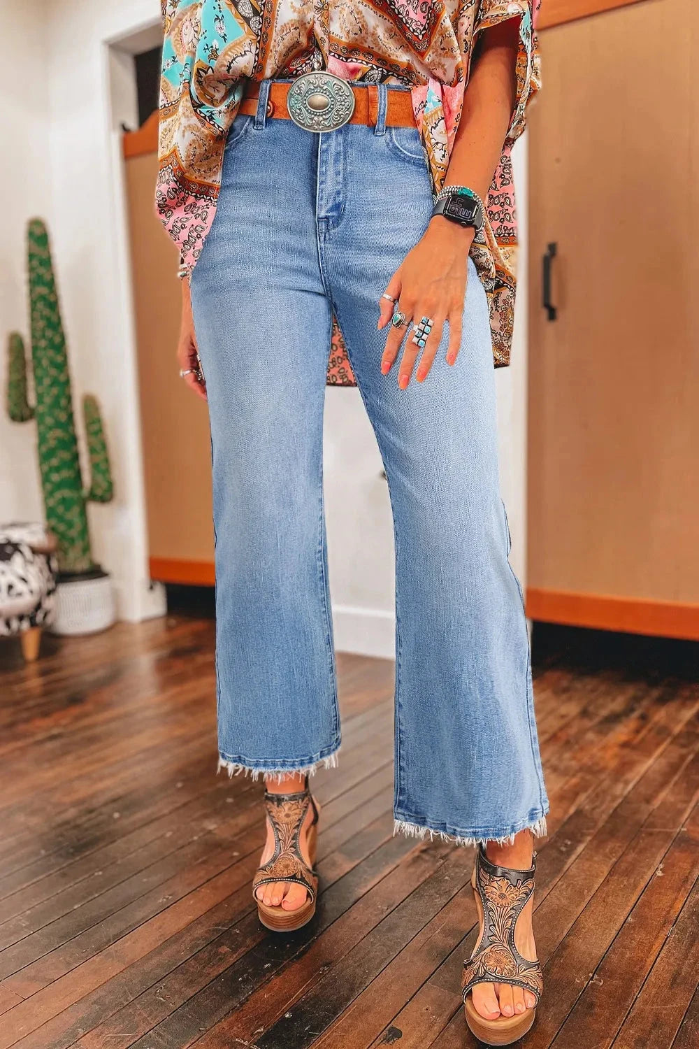 Mineral Wash Raw Hem High Waist Flared Jeans Simply Love
