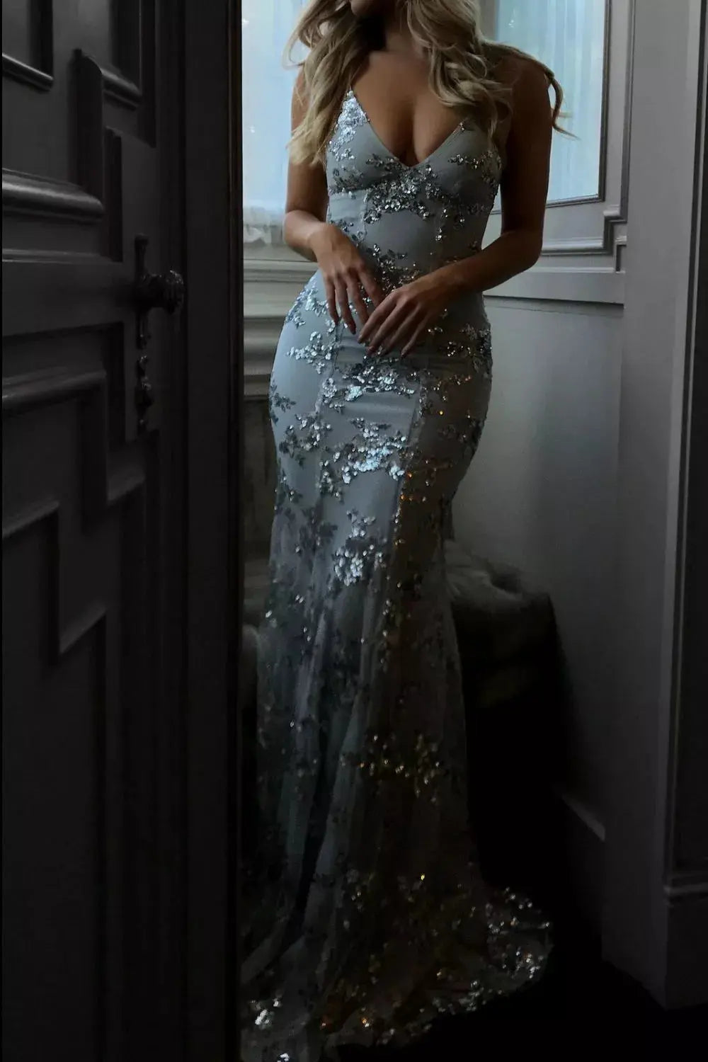 Full Size Sequin Tie Back V-Neck Maxi Dress Plus Size Simply Love