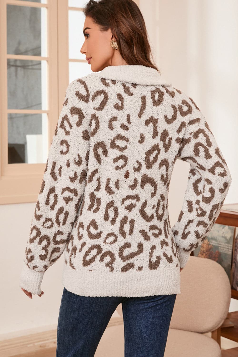 Leopard Half Zip Long Sleeve Sweater.