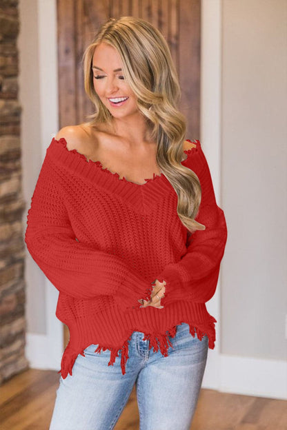 Frayed Hem Dropped Shoulder Sweater.