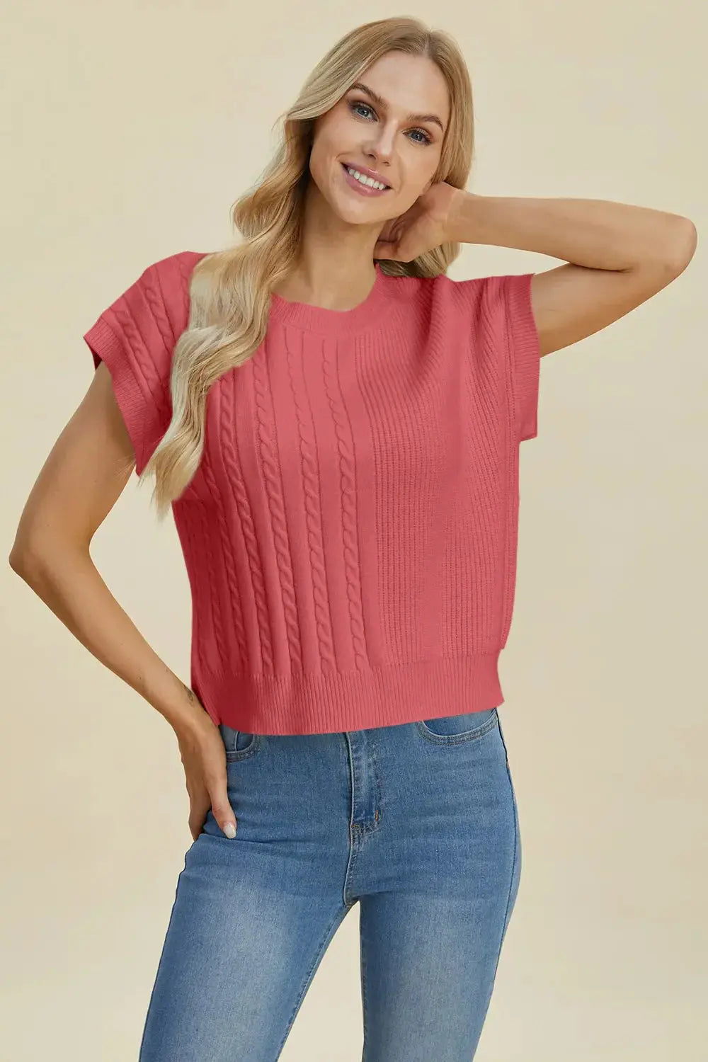 Double Take Full Size Cable-Knit Round Neck Short Sleeve Sweater - Love Salve