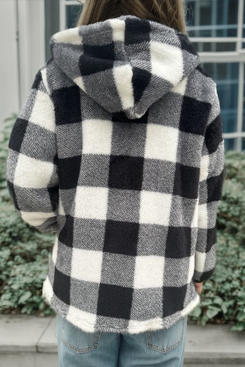 Double Take Full Size Plaid Long Sleeve Hooded Coat.