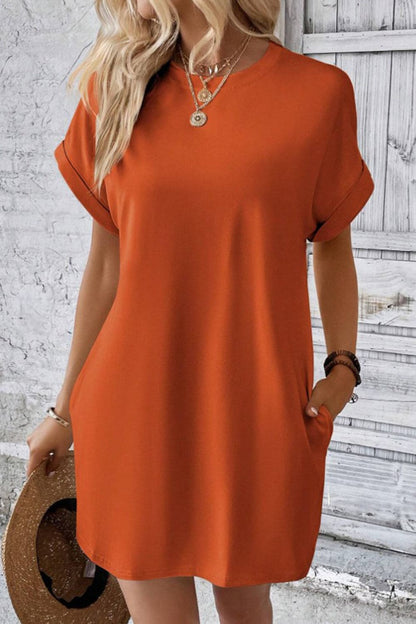 Casual pocketed round neck tee dress