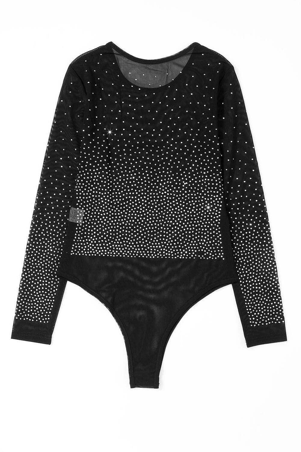 Rhinestone Embellished Mesh Long Sleeve Bodysuit.