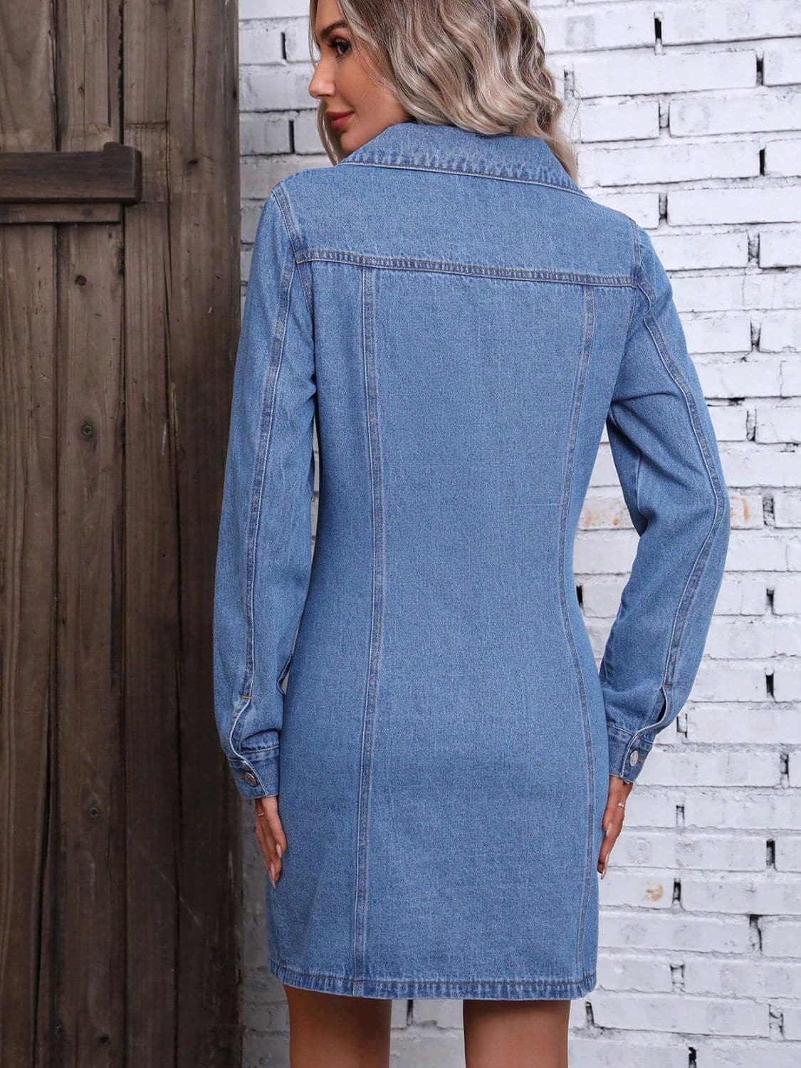 Ruched Button Up Long Sleeve Denim Dress.