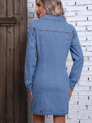 Ruched Button Up Long Sleeve Denim Dress.