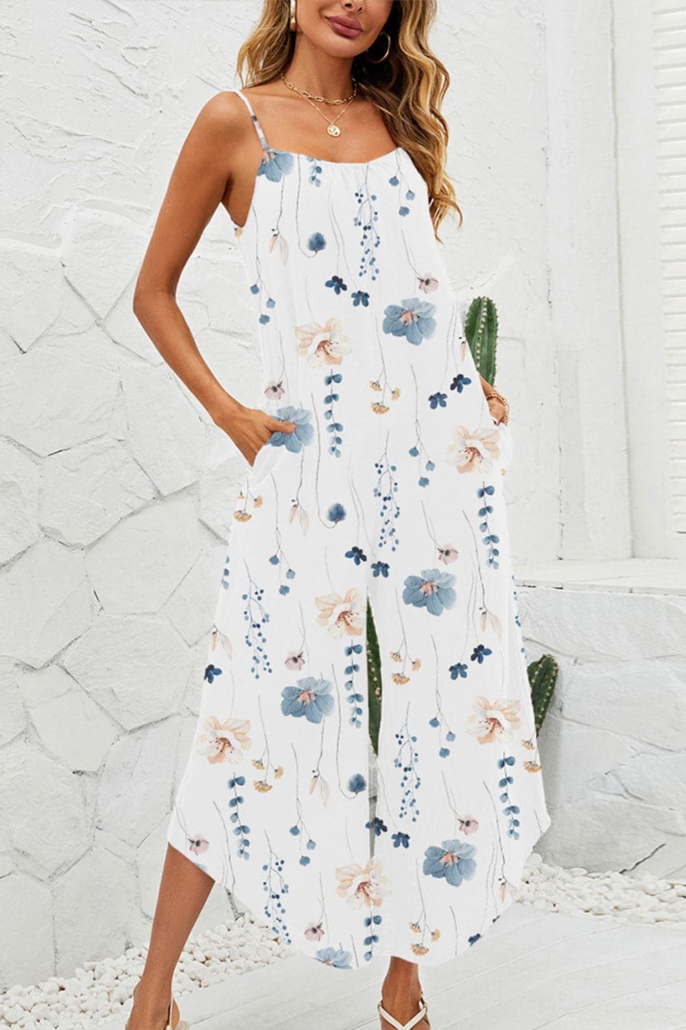 Printed Scoop Neck Wide Leg Jumpsuit.