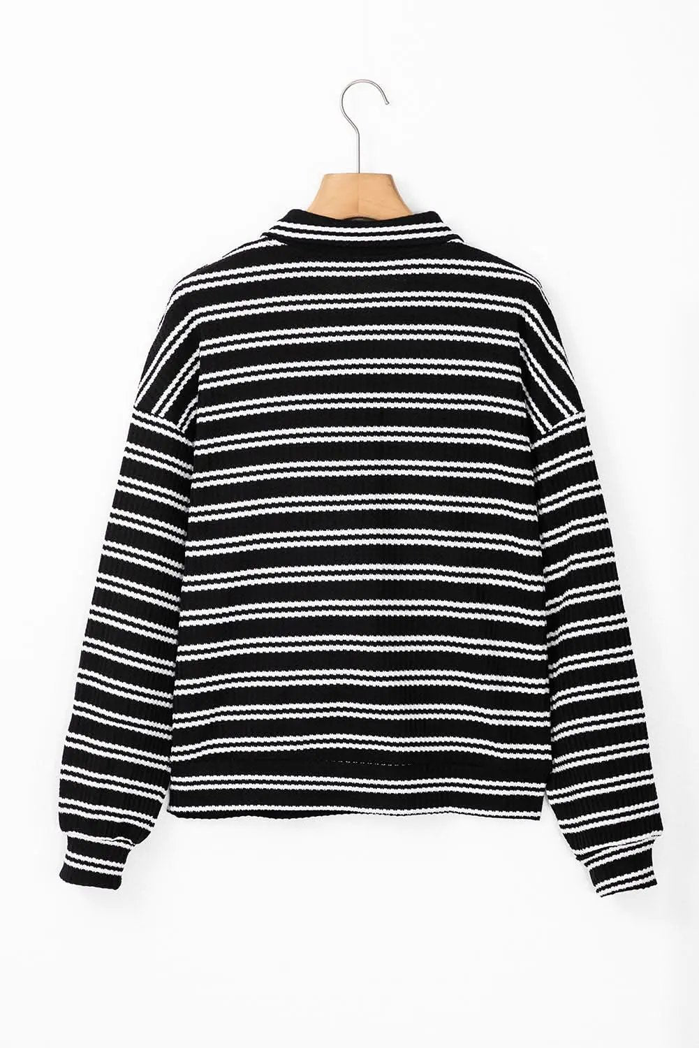 Black Stripe Textured Quarter Zip Collar Long Sleeve Top - Love Salve 