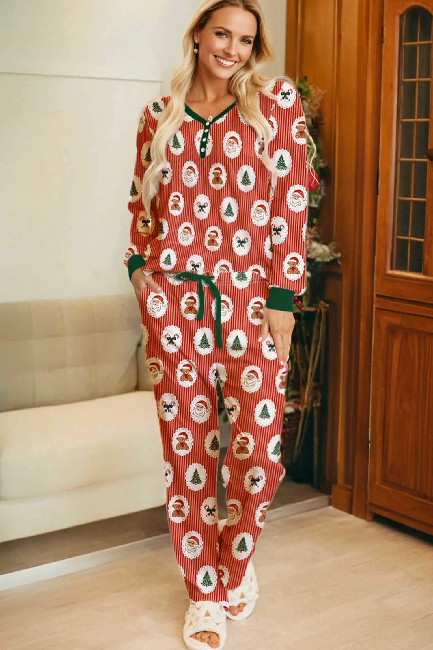 Red Stripe Christmas Print Henley V Neck Pullover And Jogger Pants Lounge Set Dear-Lover Dropshipping