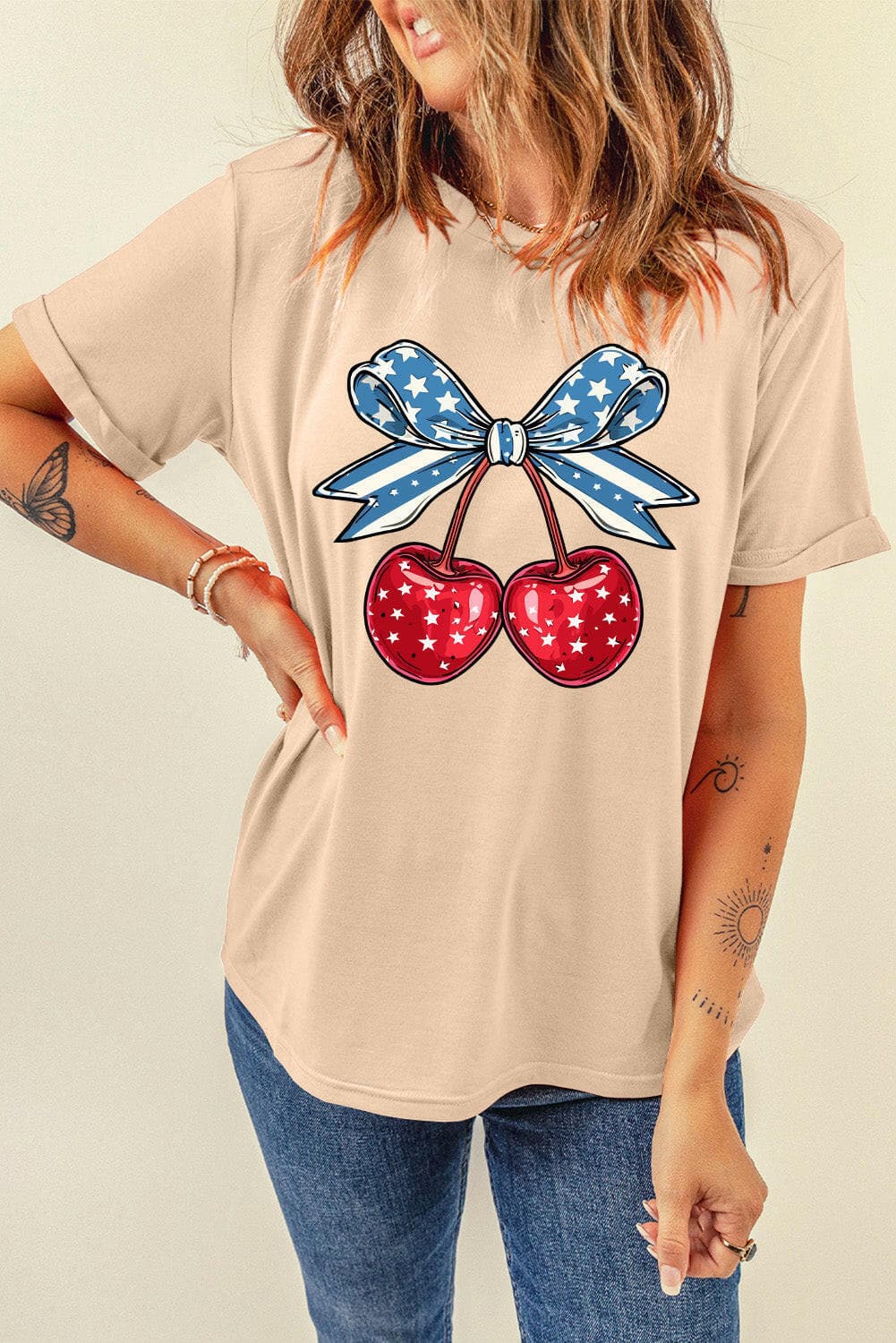 Cherry Graphic Round Neck Short Sleeve T-Shirt.