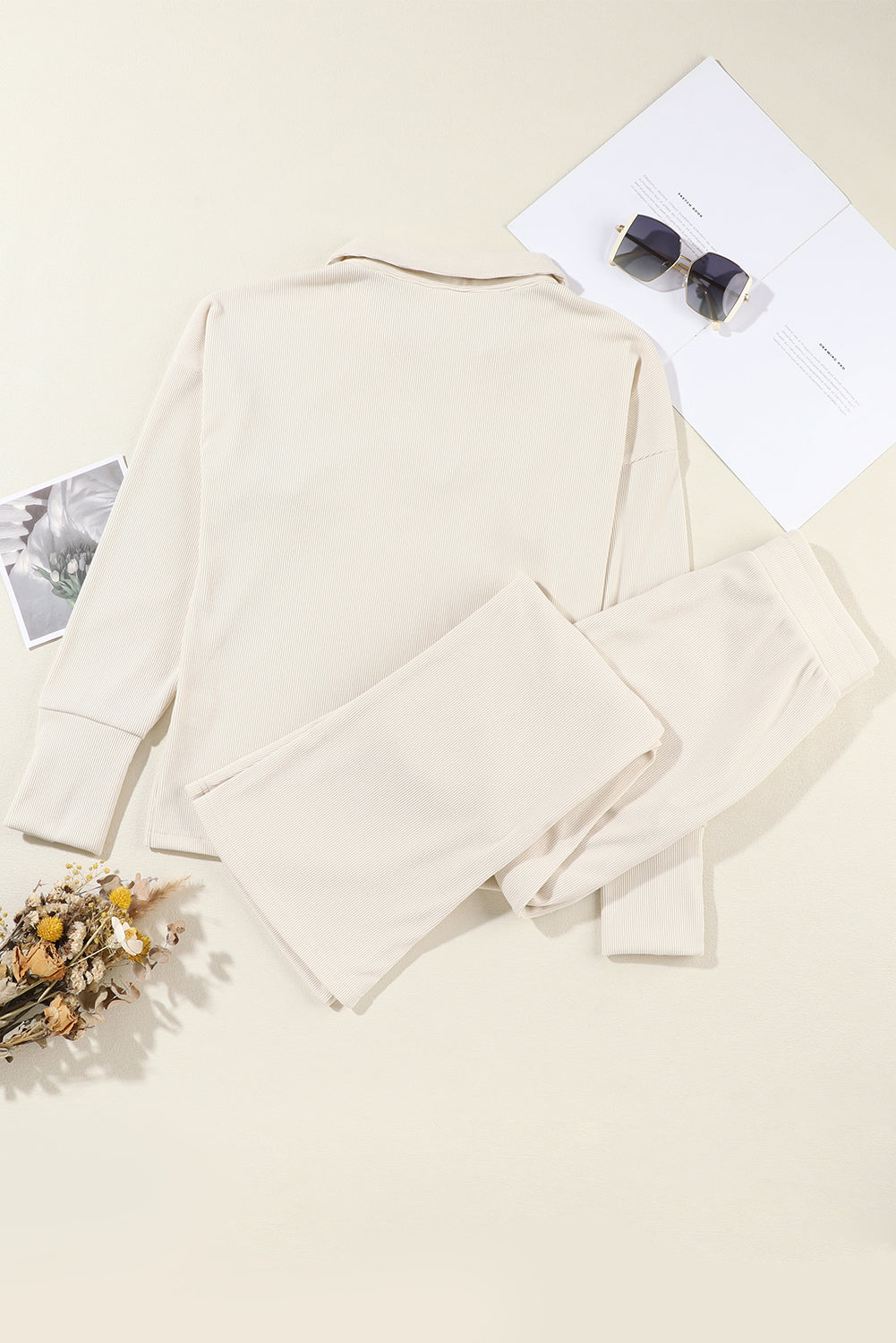 Beige Collared Split Neck Ribbed Two Piece Athleisure Outfit Dear-Lover Dropshipping