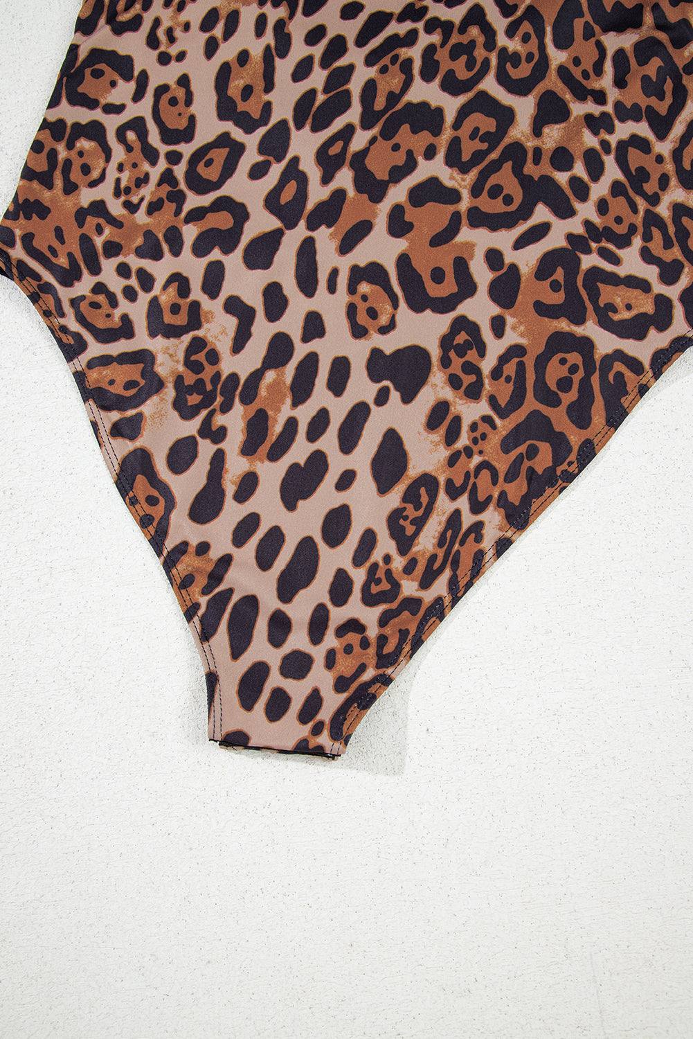 Brown Spaghetti Straps Ruched Leopard Bodysuit for Women