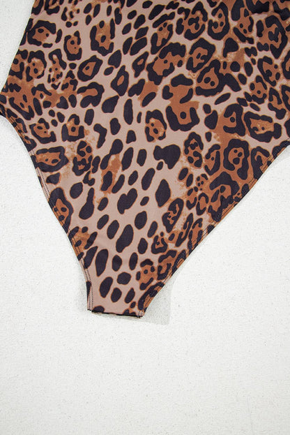 Brown Spaghetti Straps Ruched Leopard Bodysuit for Women