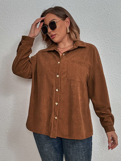 Plus Size Collared Neck Long Sleeve Shirt.