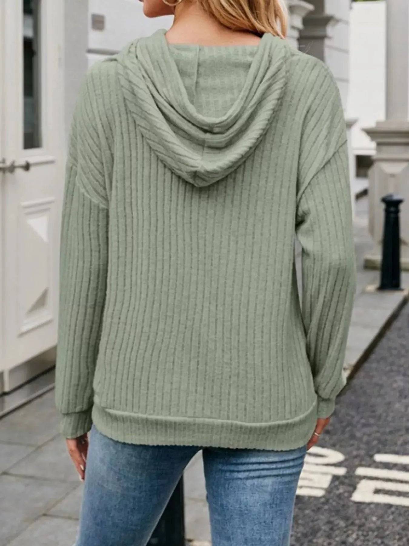 Casual Ribbed Knit Hoodie With Drawstring Front Pocket Simply Love