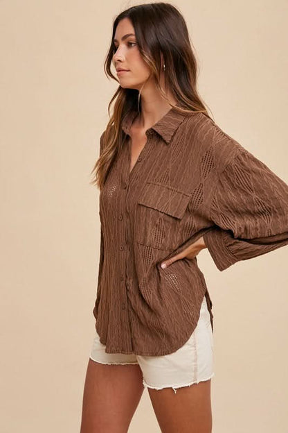 Openwork Drop Shoulder Button-Up Shirt by Annie Wear