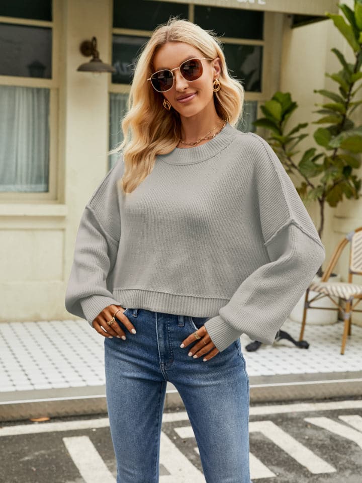 Round Neck Lantern Sleeve Sweater.