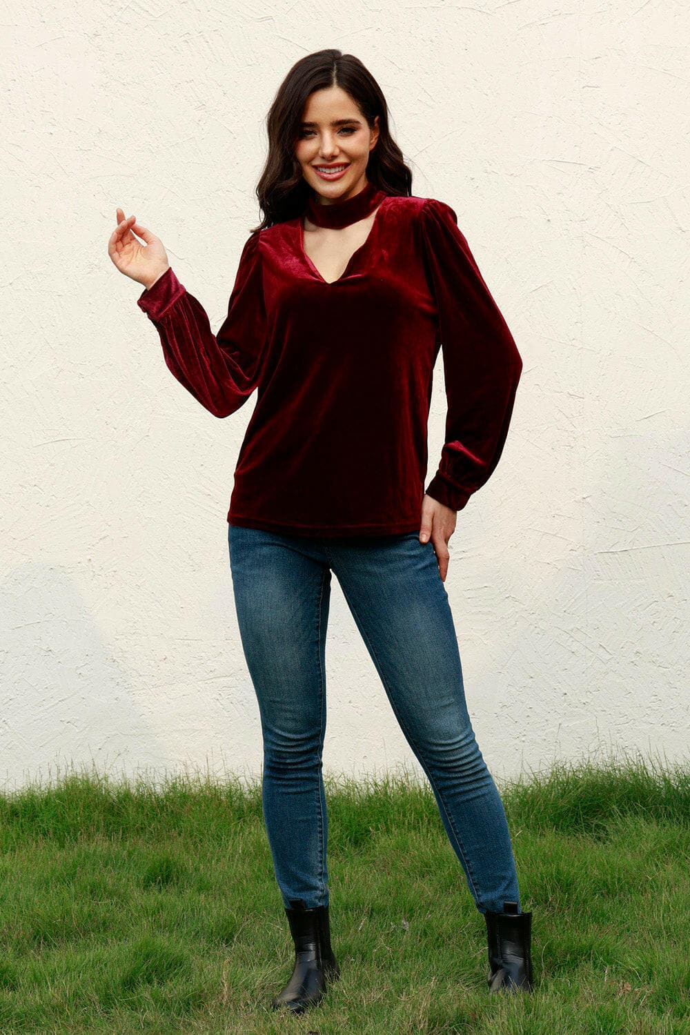 Cutout Puff Sleeve Velvet Blouse.