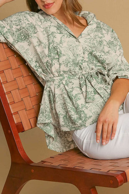 Nature-Inspired Green Print 3/4 Sleeve Sash Shirt